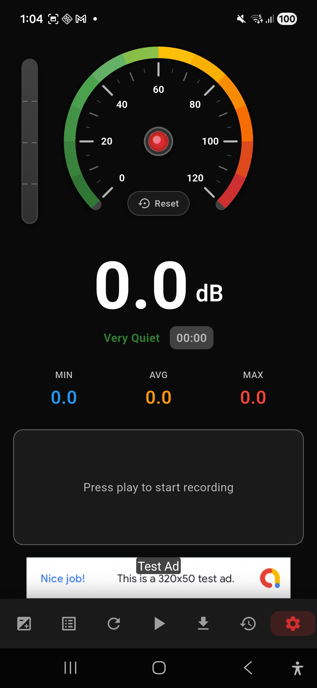 Sound Meter Pro startup screen showing 0.0 dB ready to record