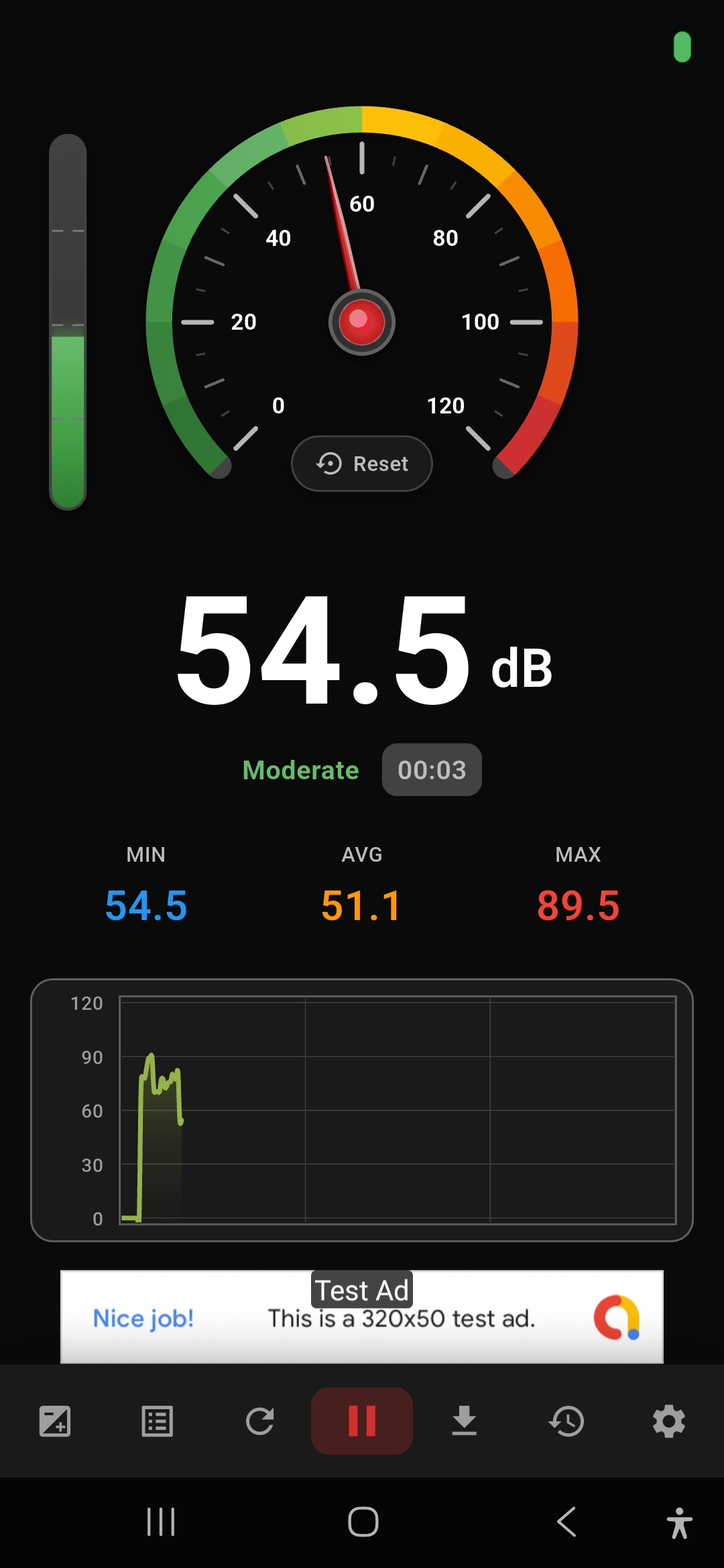 Sound Meter Pro live reading showing 54.5 dB Moderate with gauge and waveform graph