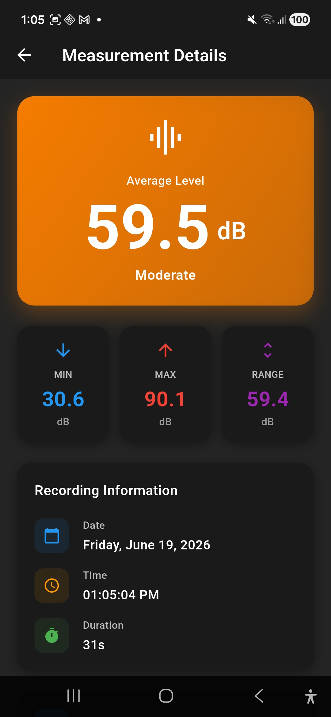 Sound Meter Pro measurement details showing 59.5 dB average with MIN MAX RANGE stats