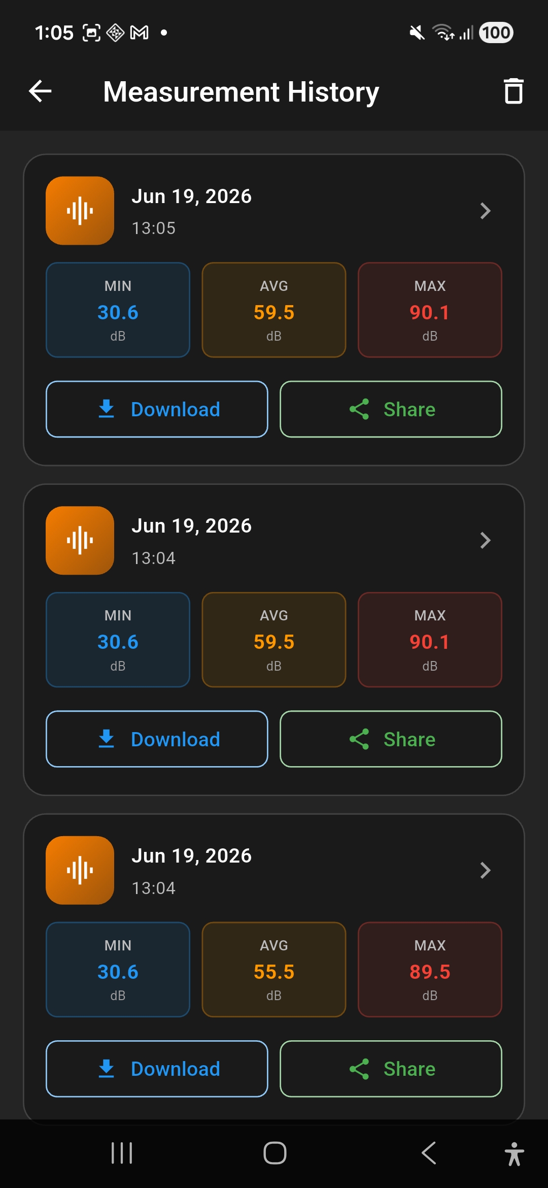 Measurement history list with download and share buttons