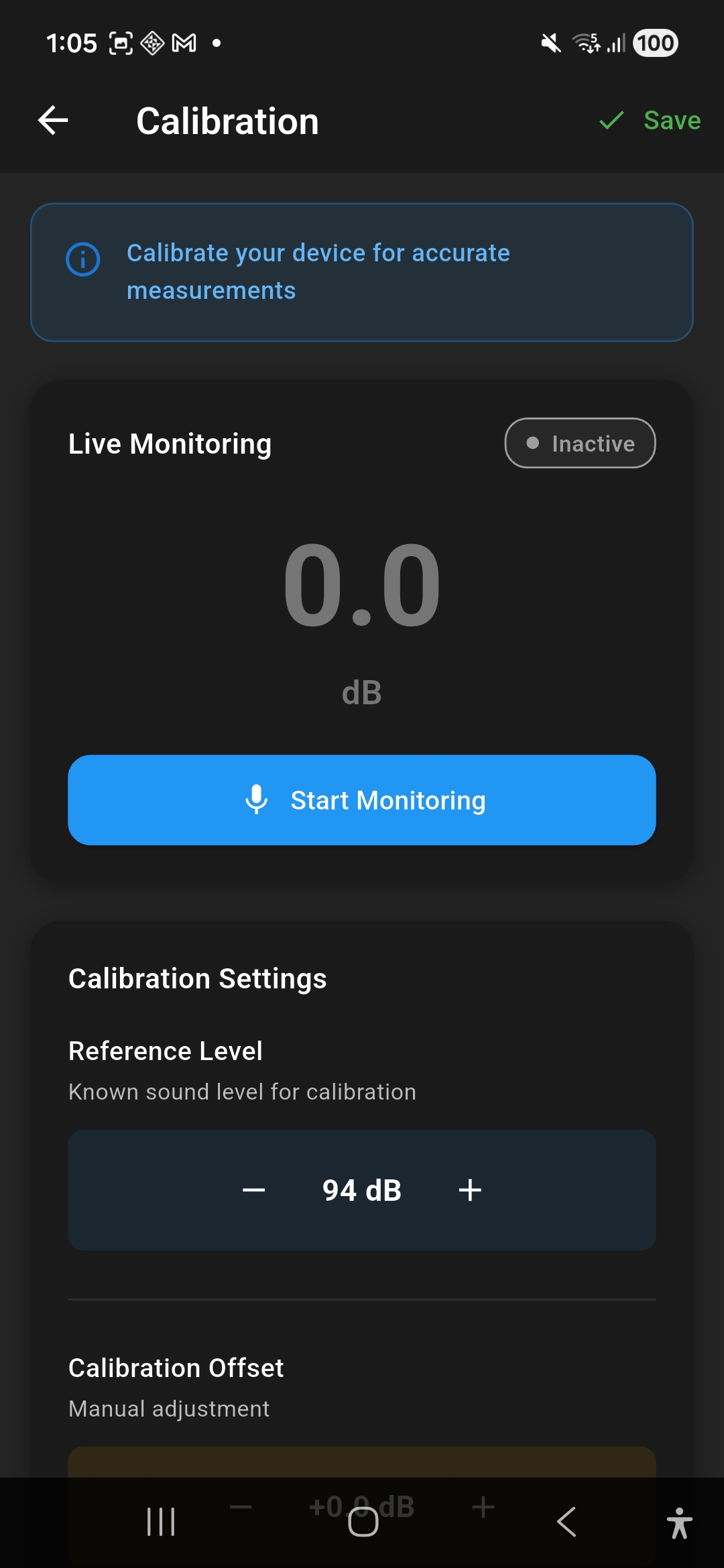 Microphone calibration screen with reference level 94 dB