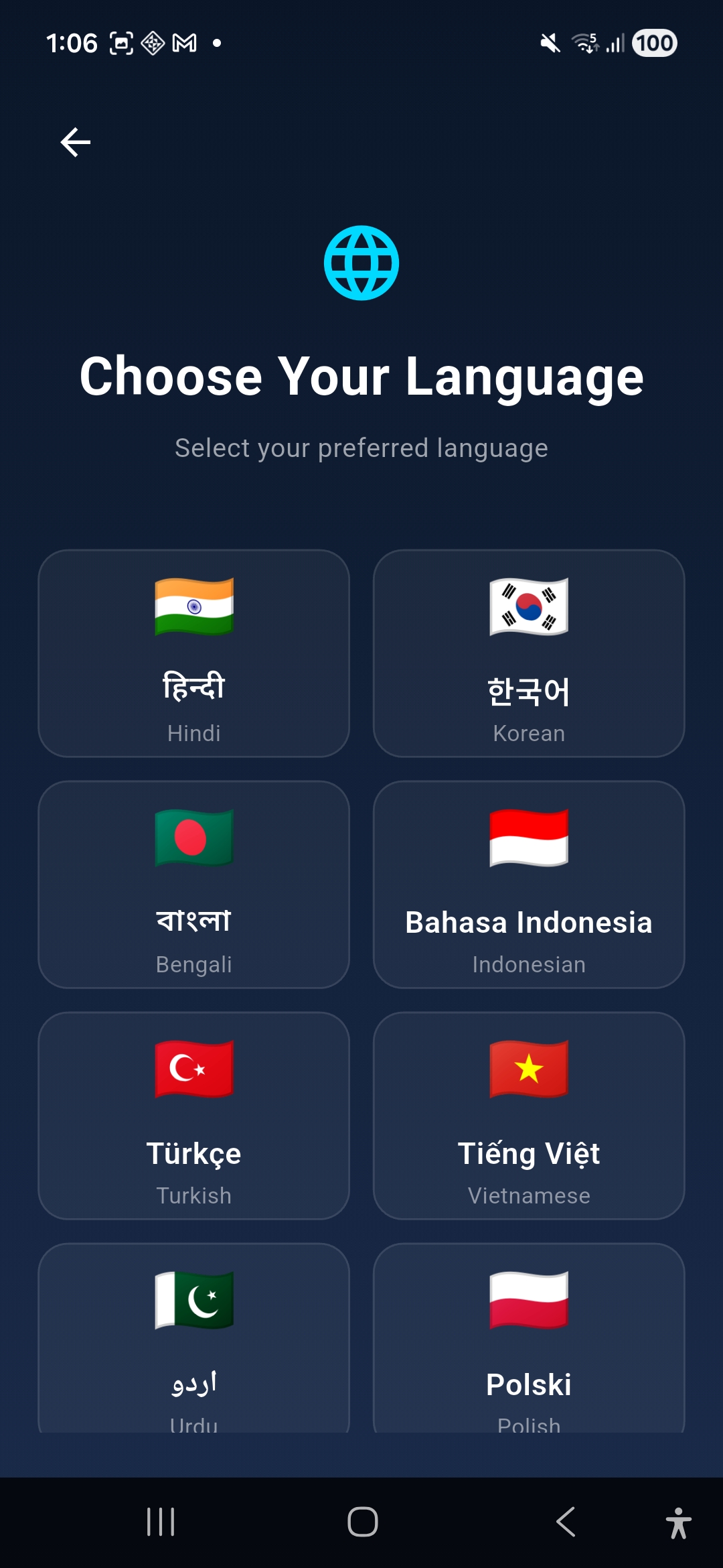 Language selection screen showing Hindi Korean Bengali Indonesian Turkish Vietnamese