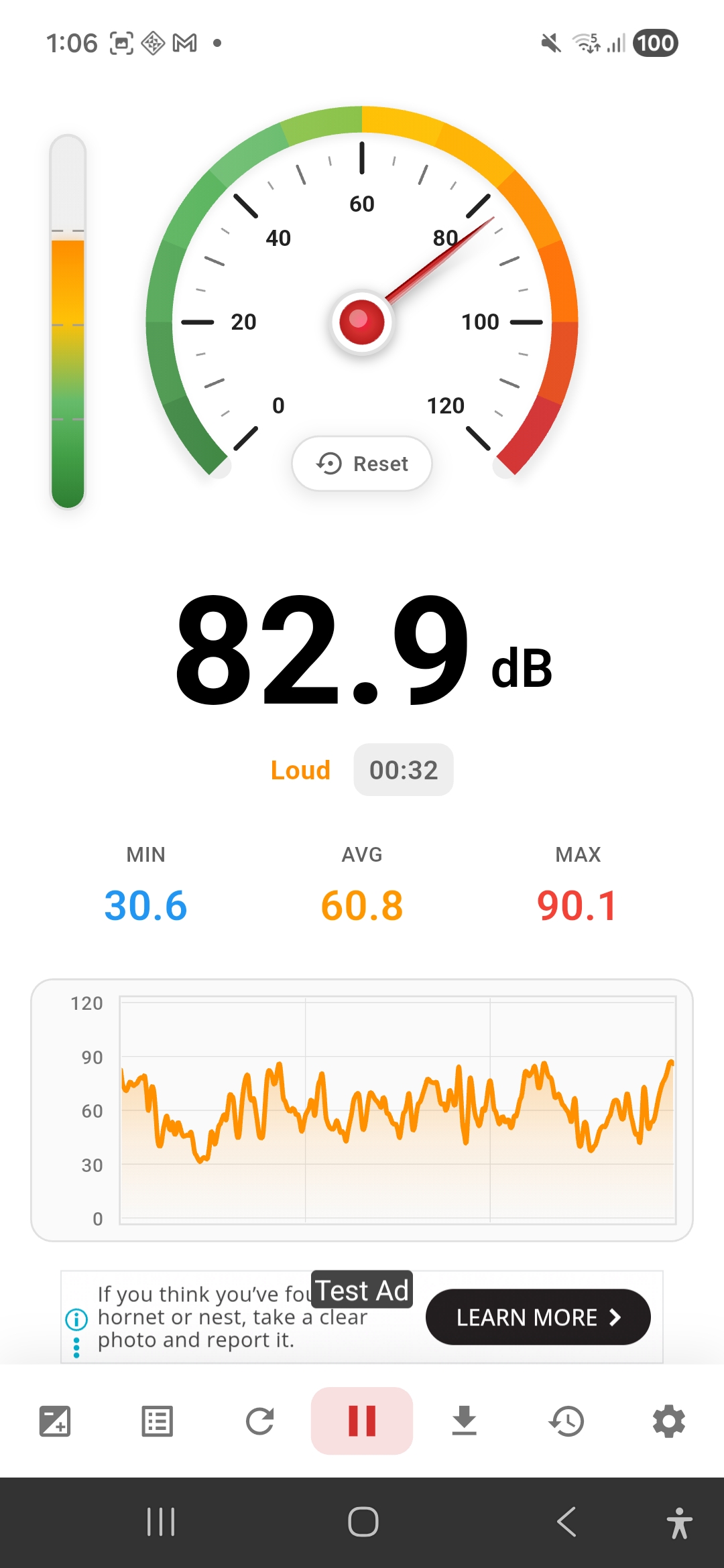 Live reading 82.9 dB Loud light mode